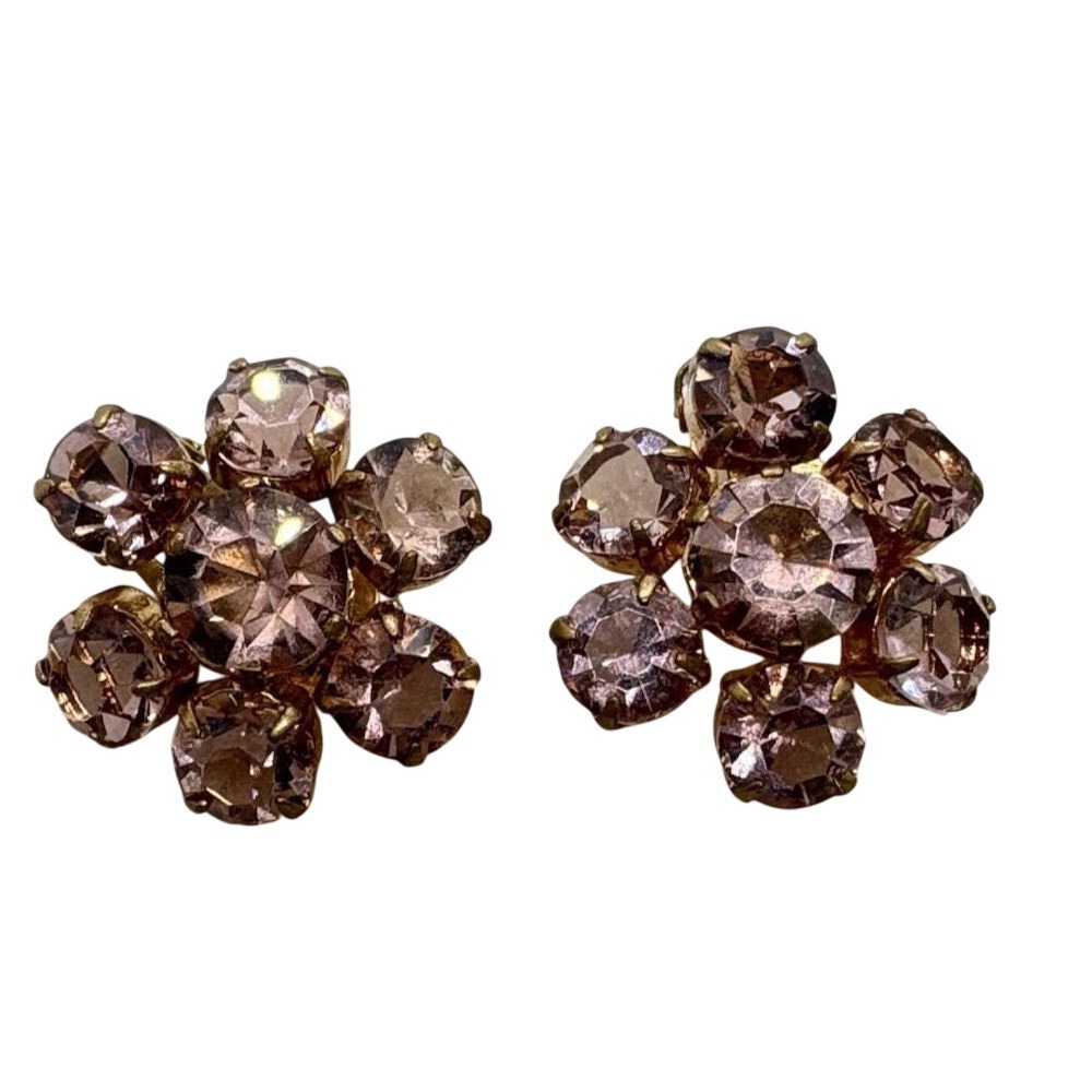 Vintage‎ Flower Floral Gold Tone Pink Purple Rhinestone Clip On Earrings 60s 70s